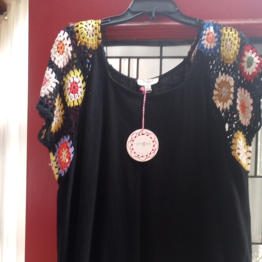 Umgee Black Top with Multicolor Crochet Sleeves NWT